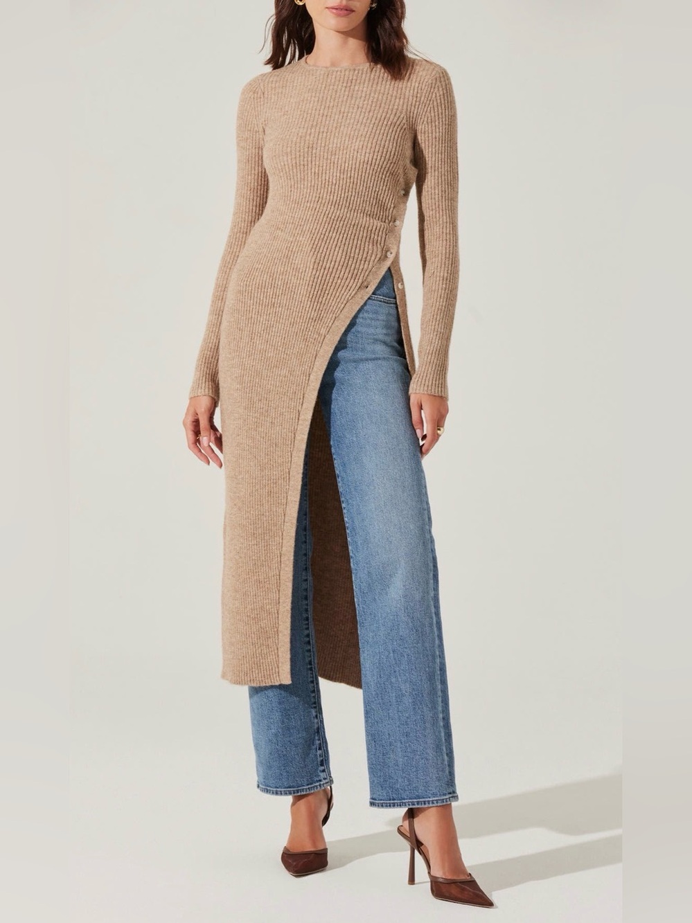 ASTR the Label High Rib Knit Slit Long Sweater